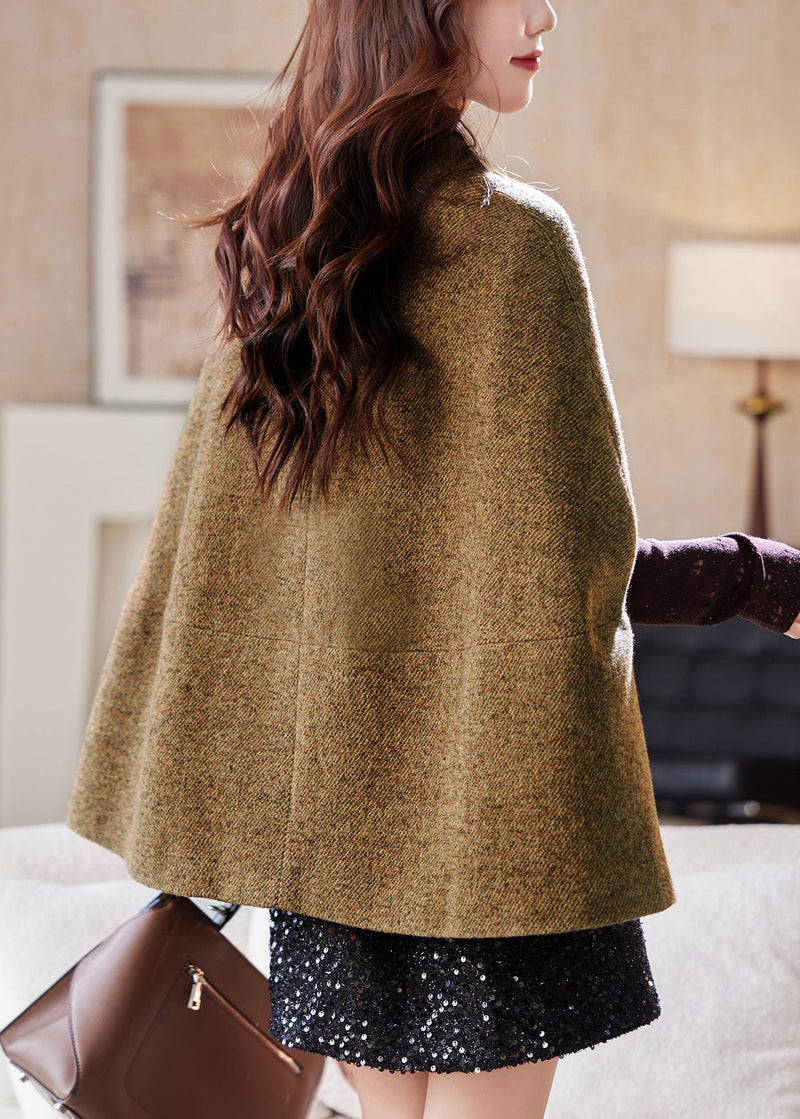Brown O-neck Button Woolen Coats Batwing Sleeve