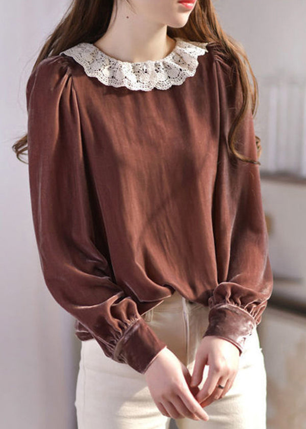 Brown O-neck Lace Patchwork Silk Velour Blouses Spring