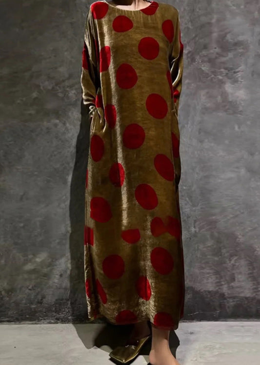 Brown O Neck Print Pockets Silk Velvet Dress Long Sleeve