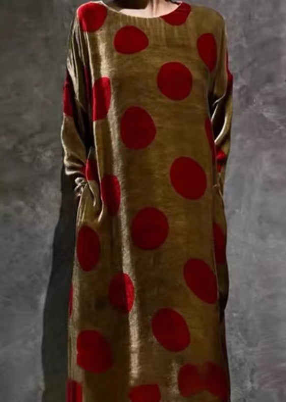 Brown O Neck Print Pockets Silk Velvet Dress Long Sleeve