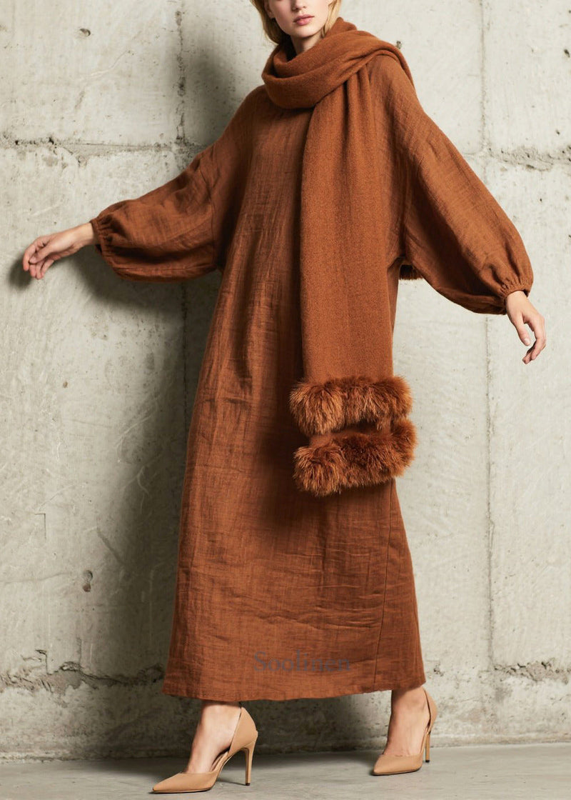 Brown Oversized Cotton Straight Dress Fall