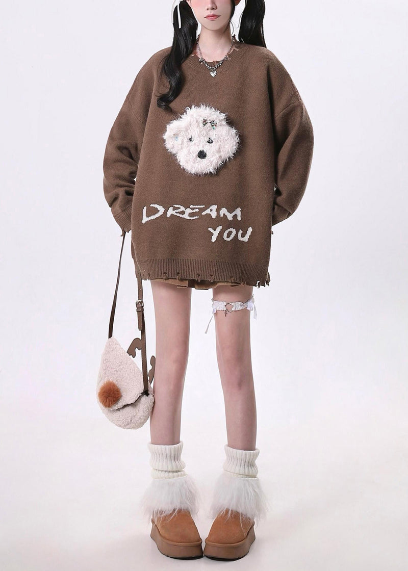 Brown Oversized Dog Knit Sweaters Spring