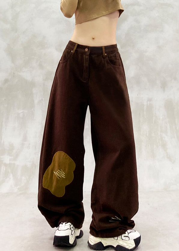 Brown Oversized Patchwork Applique Denim Pants Spring