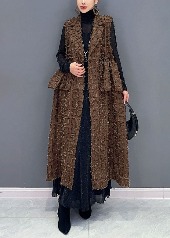 Brown Pockets Patchwork Button Waistcoat Fall