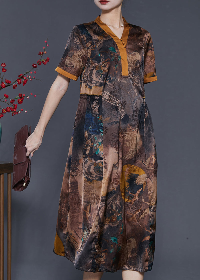 Brown Print Silm Fit Silk Long Dress Summer