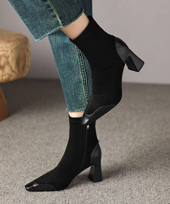 Brown Splicing Suede Chunky Heel Boots