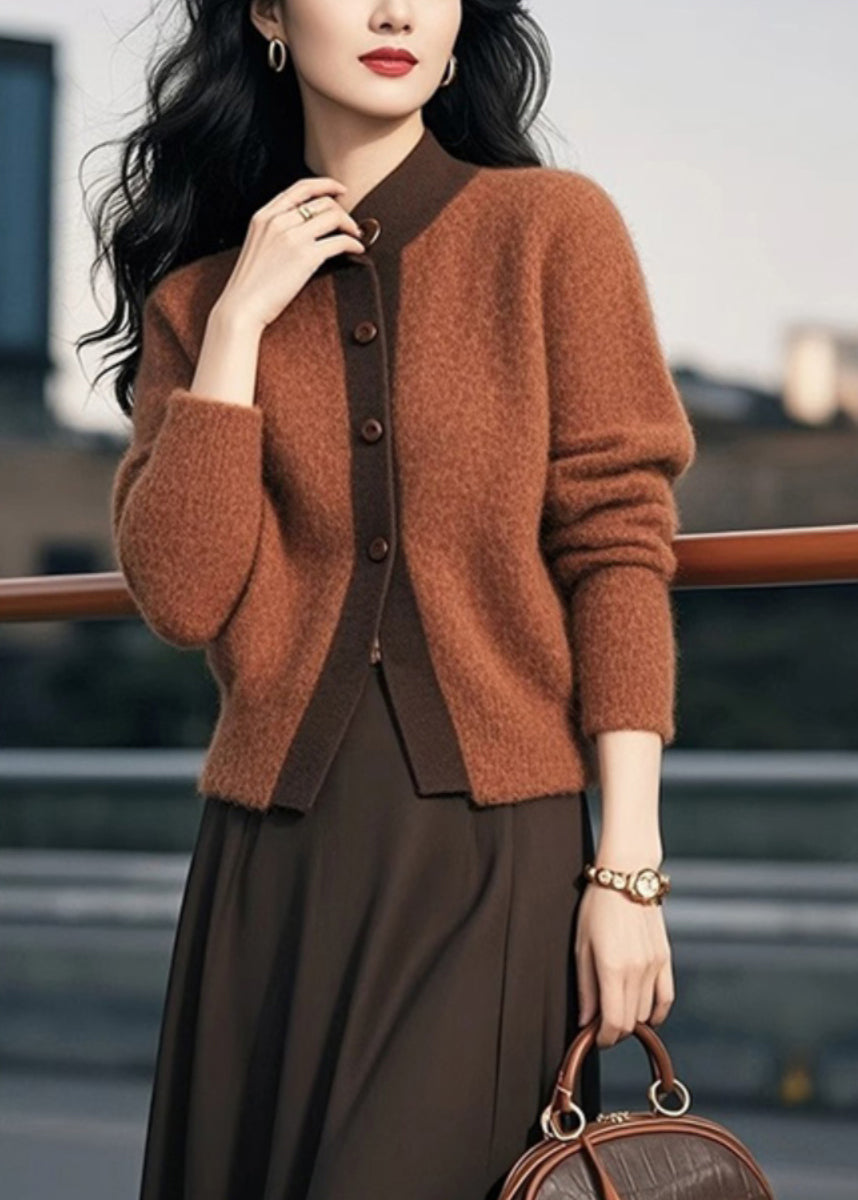 Brown Stand Collar Button Patchwork Knit Cardigans Spring