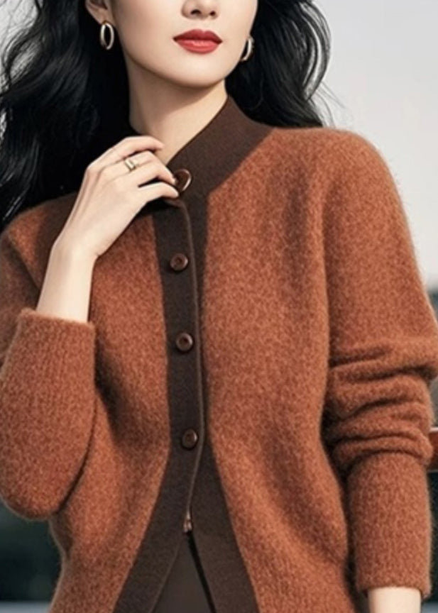 Brown Stand Collar Button Patchwork Knit Cardigans Spring