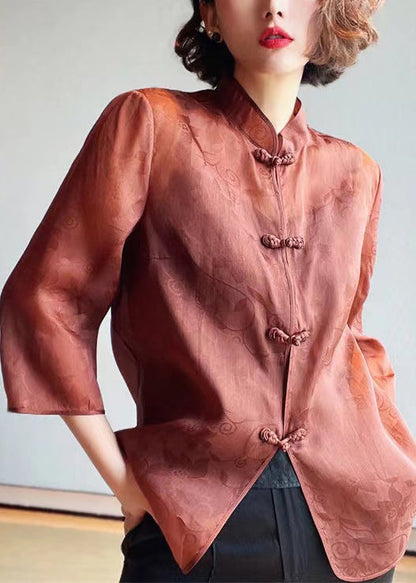 Brown Stand Collar Button Print Silk Blouses Summer