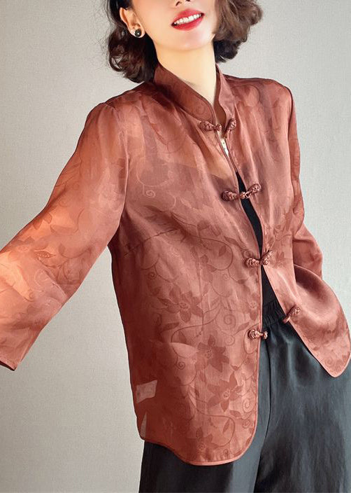 Brown Stand Collar Button Print Silk Blouses Summer