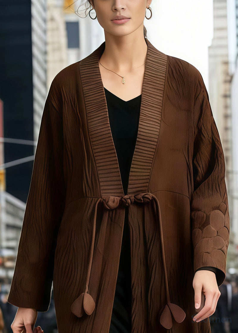 Brown Tasseled Chinese Button Cotton Trench Spring