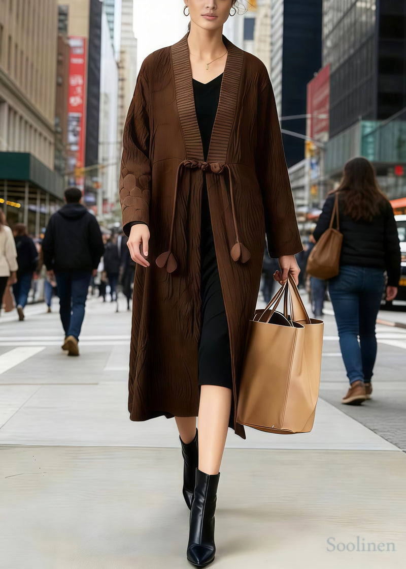 Brown Tasseled Chinese Button Cotton Trench Spring