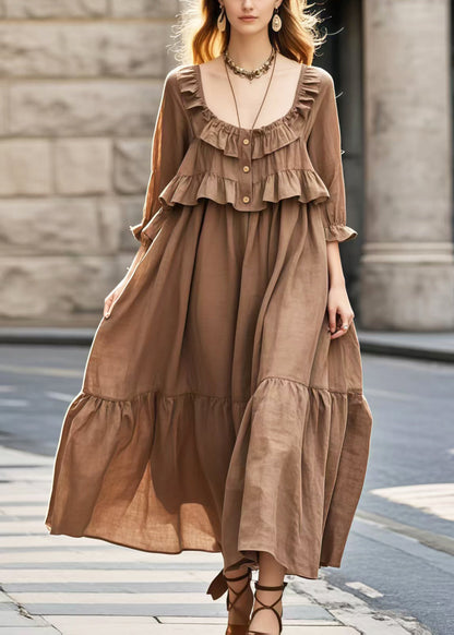 Brown U Neck Patchwork Ruffles Long Dress Summer