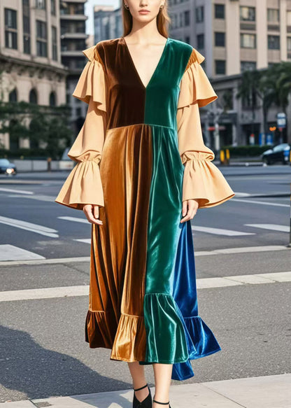 Brown V Neck Patchwork Silk Velvet Robe Dresses Flare Sleeve