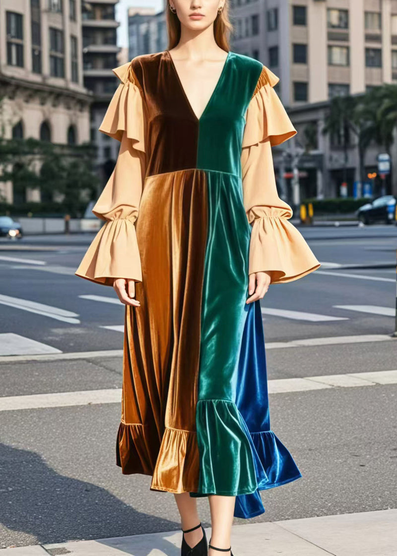 Brown V Neck Patchwork Silk Velvet Robe Dresses Flare Sleeve