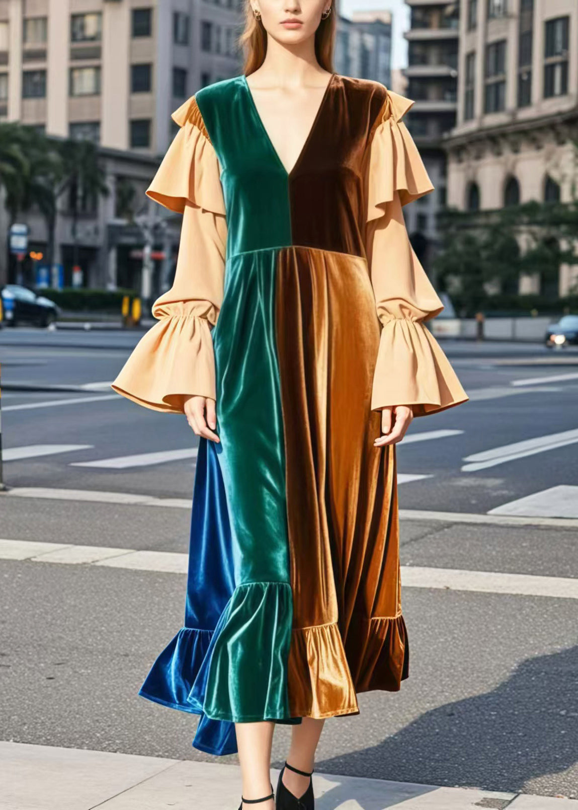 Brown V Neck Patchwork Silk Velvet Robe Dresses Flare Sleeve