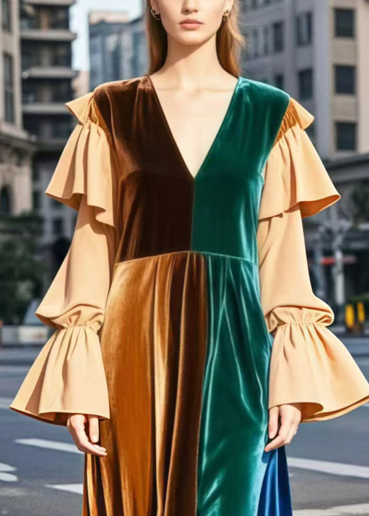 Brown V Neck Patchwork Silk Velvet Robe Dresses Flare Sleeve