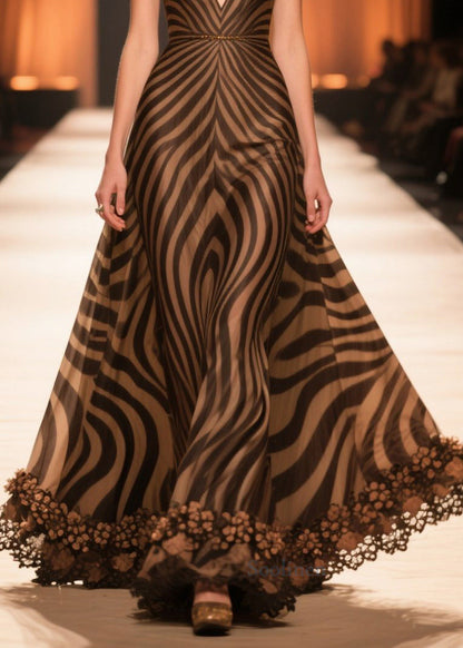 Brown V Neck Striped Chiffon Long Dresses Summer
