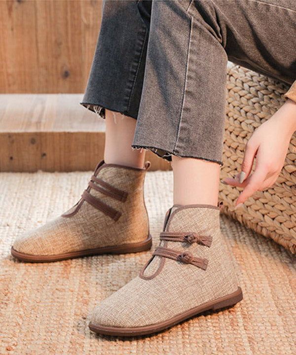 Buckle Strap Ankle Boots Khaki Comfy Cotton Fabric