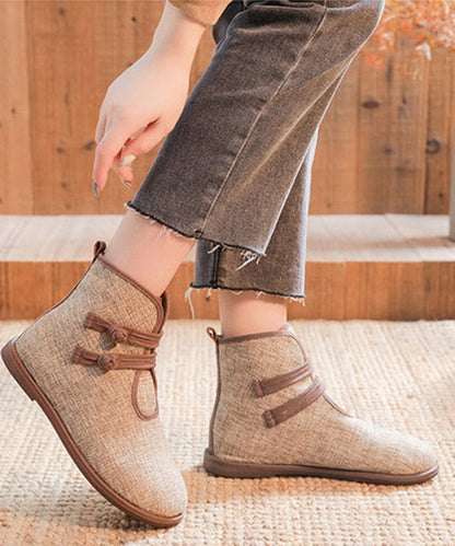 Buckle Strap Ankle Boots Khaki Comfy Cotton Fabric