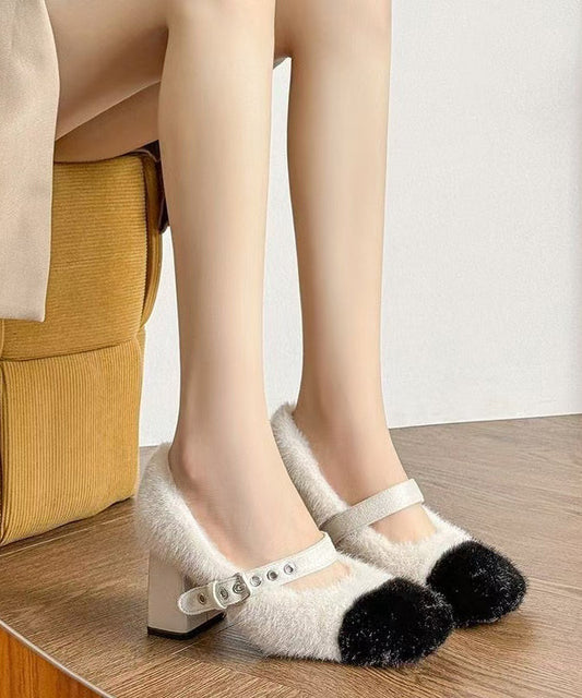Buckle Strap Splicing Chunky High Heels Beige Fuzzy Fur