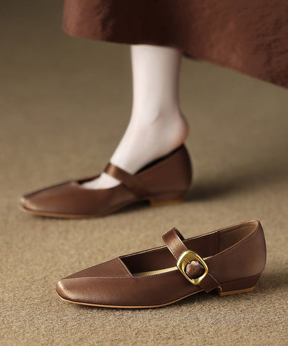 Buckle Strap Splicing Flats Brown Faux Leather
