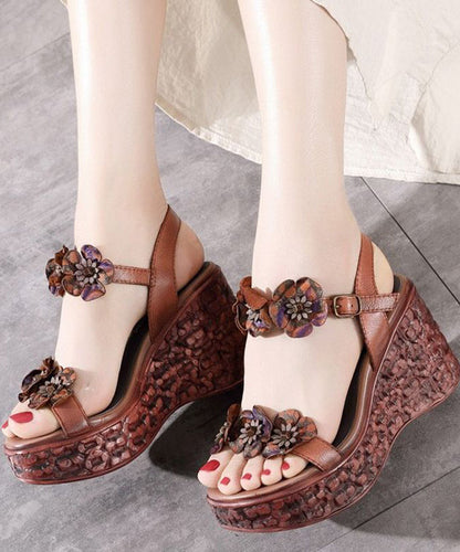 Buckle Strap Wedge Sandals Brown Cowhide Leather