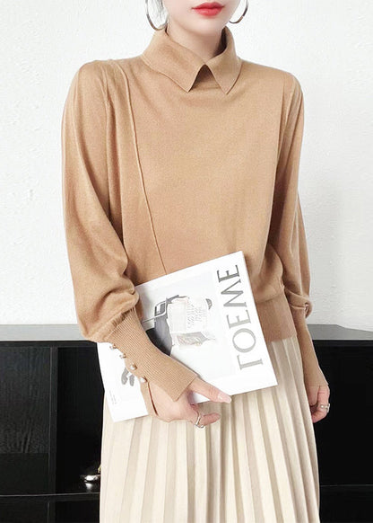 Camel Peter Pan Collar Woolen Knit Sweater Long Sleeve