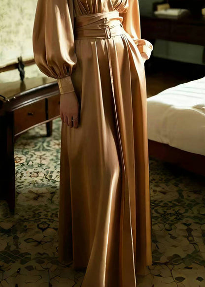 Caramel Cinched Ice Silk Long Dress Spring