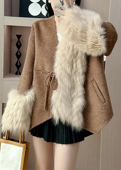 Caramel Fox Collar Patchwork Tie Waist Woolen Coats Spring