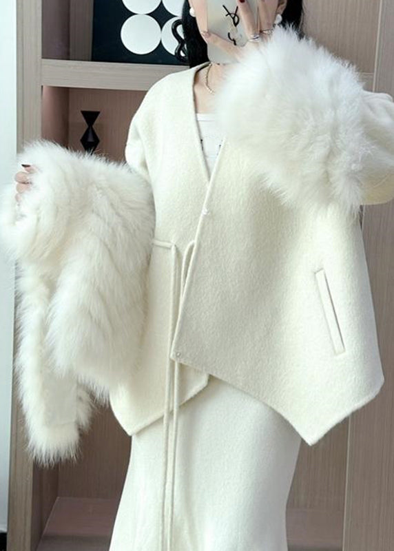 Caramel Fox Collar Patchwork Tie Waist Woolen Coats Spring