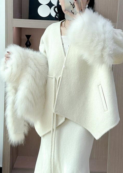 Caramel Fox Collar Patchwork Tie Waist Woolen Coats Spring