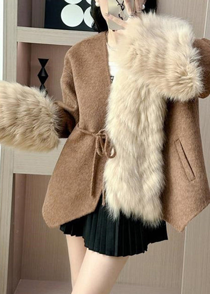 Caramel Fox Collar Patchwork Tie Waist Woolen Coats Spring