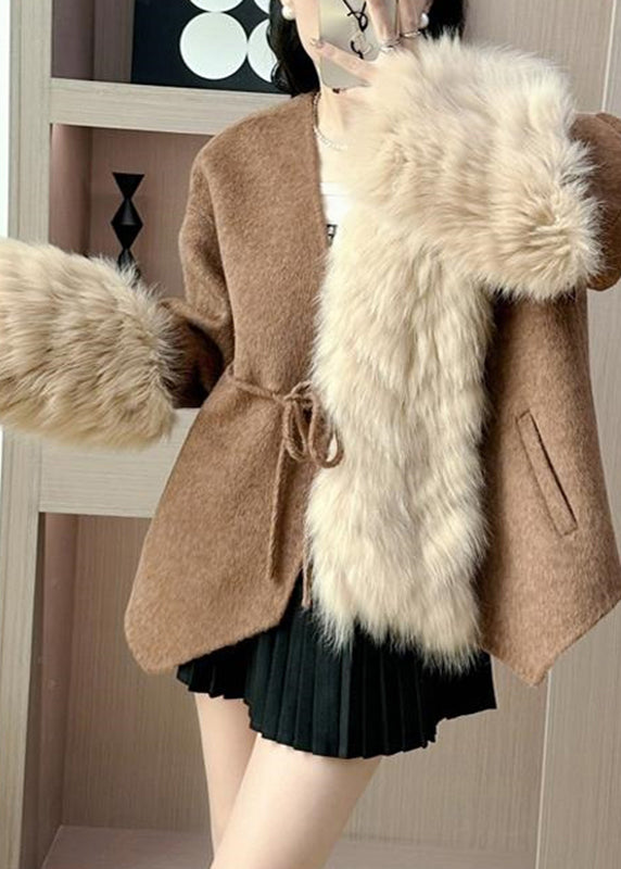 Caramel Fox Collar Patchwork Tie Waist Woolen Coats Spring