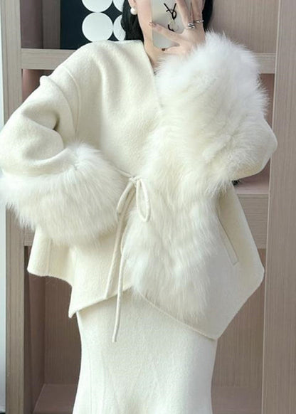 Caramel Fox Collar Patchwork Tie Waist Woolen Coats Spring