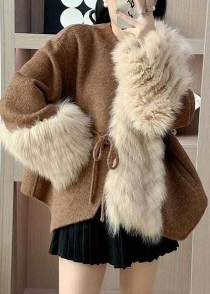 Caramel Fox Collar Patchwork Tie Waist Woolen Coats Spring