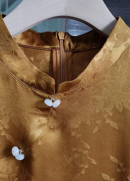 Caramel Stand Collar Patchwork Silk Tops Short Sleeve