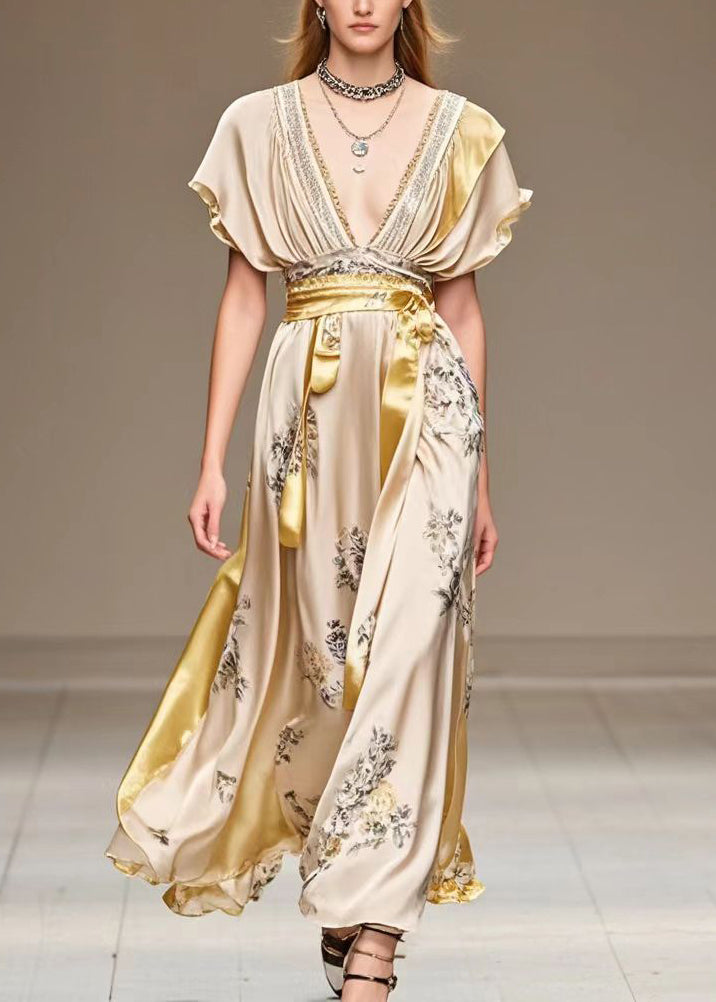 Champagne Cinched Patchwork Print Silk Robe Dresses Summer