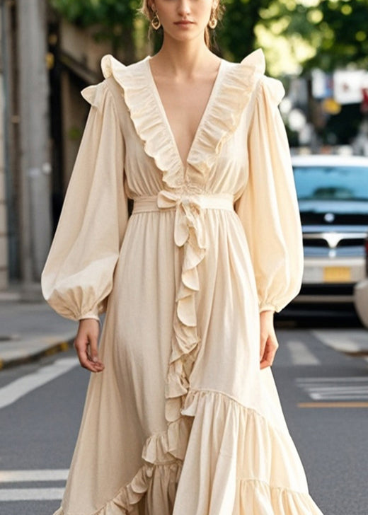 Champagne Color Ruffled Exra Large Hem Long Dress Spring