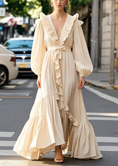 Champagne Color Ruffled Exra Large Hem Long Dress Spring