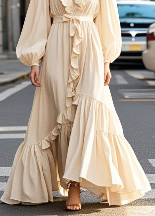 Champagne Color Ruffled Exra Large Hem Long Dress Spring