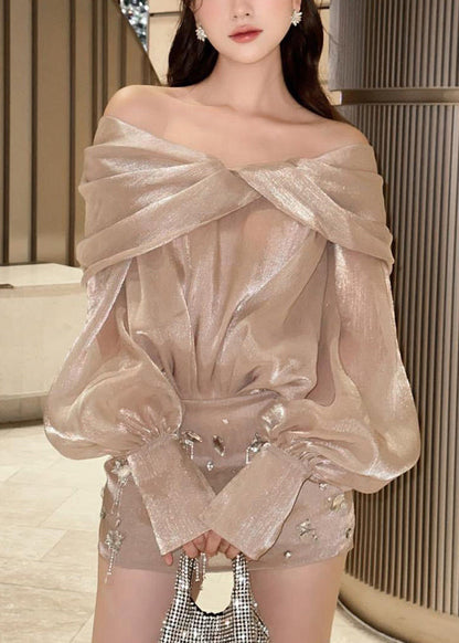Champagne Color Slash Neck Zircon Silk Mid Dress Fall