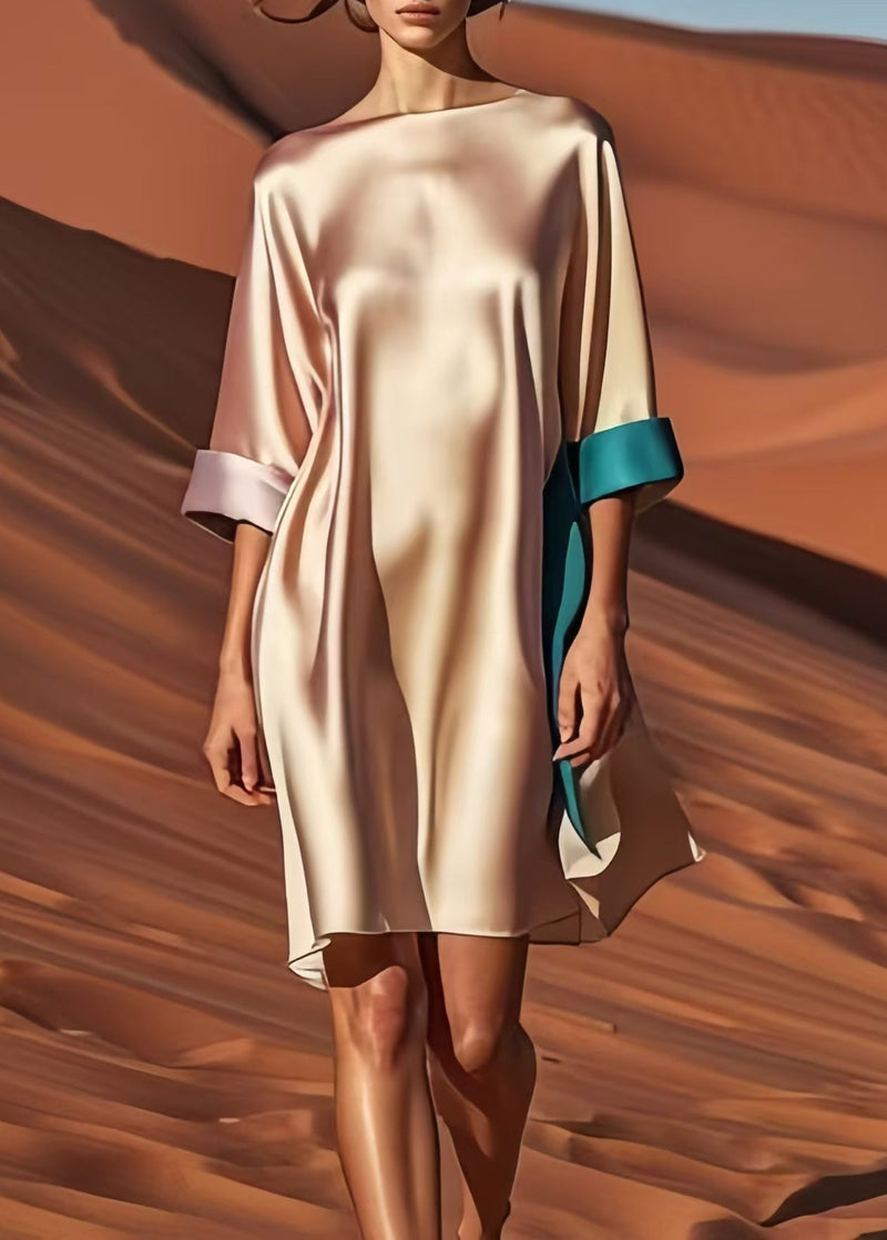 Champagne Patchwork Draping Silk Tea Dress Summer