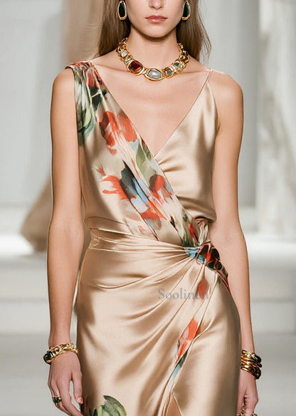 Champagne Print Side Open Silk Party Dress Summer