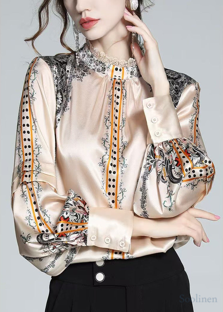 Elegant Champagne Stand Collar Print Silk Shirt Top Spring