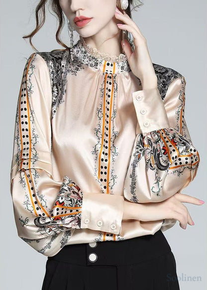 Elegant Champagne Stand Collar Print Silk Shirt Top Spring