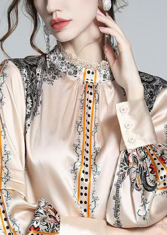 Champagne Stand Collar Print Silk Shirt Top Spring