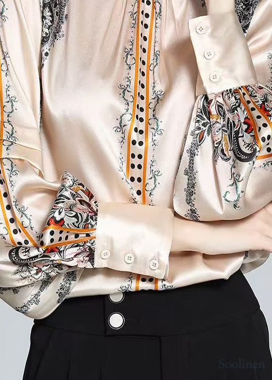 Champagne Stand Collar Print Silk Shirt Top Spring