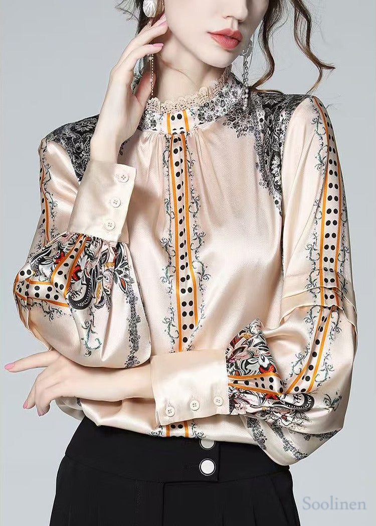 Champagne Stand Collar Print Silk Shirt Top Spring