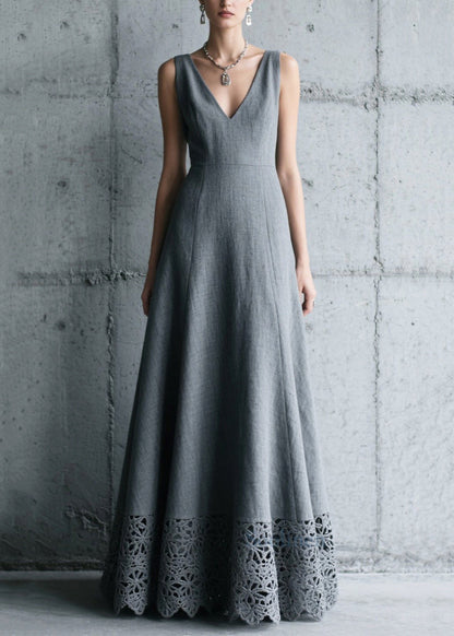 Charcoal Grey V Neck Patchwork Cotton Long Dress Summer